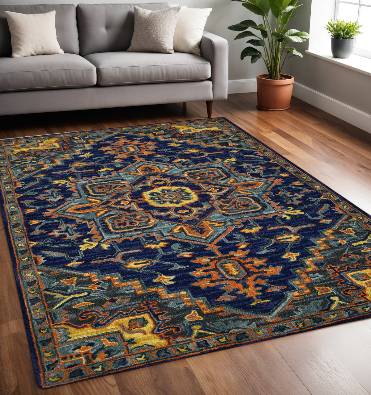 5 X 8 Blue Teal And Brick Red Wool Medallion Hand Tufted Area Rug