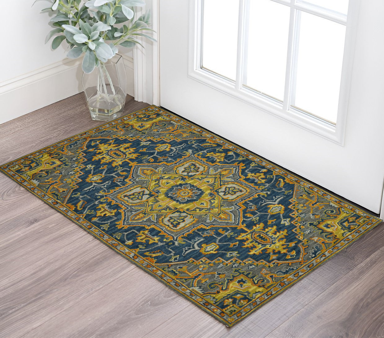 2 X 3 Blue Gray And Orange Wool Medallion Hand Tufted Area Rug