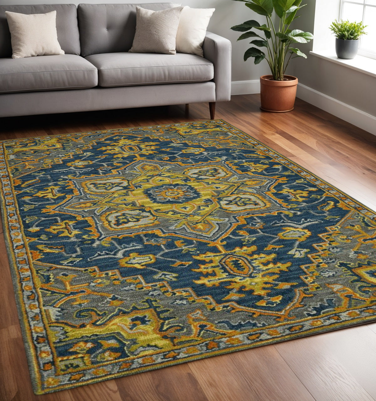 5 X 8 Blue Gray And Orange Wool Medallion Hand Tufted Area Rug