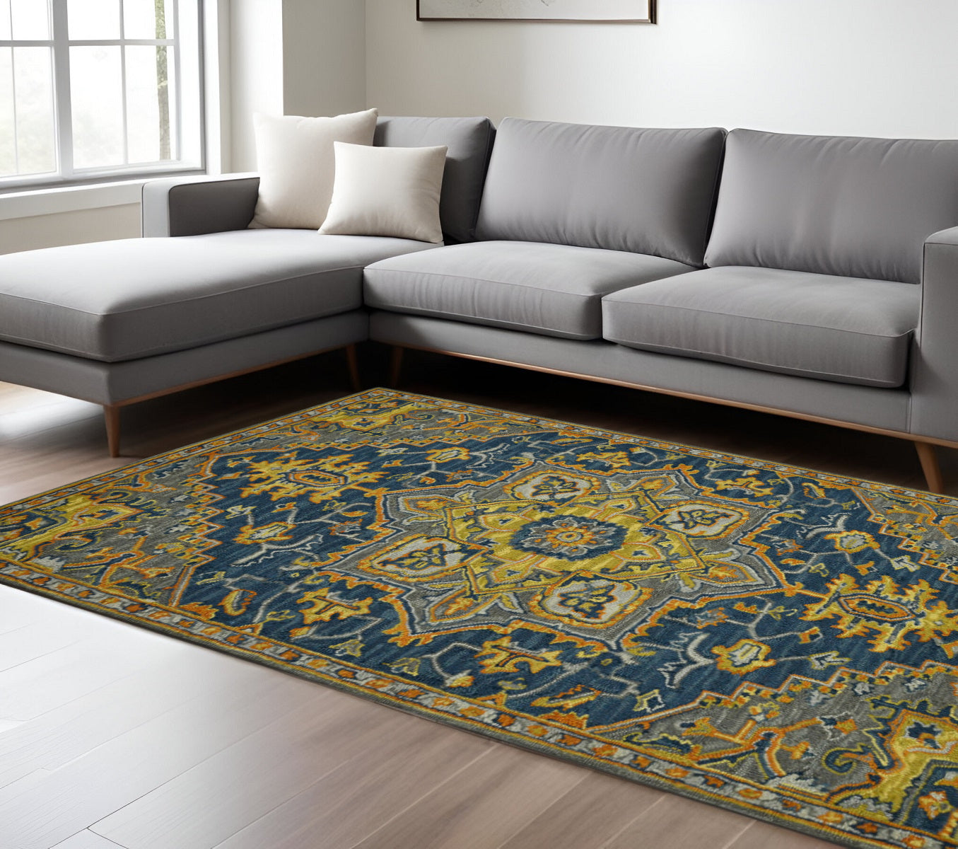 8 X 11 Blue Gray And Orange Wool Medallion Hand Tufted Area Rug