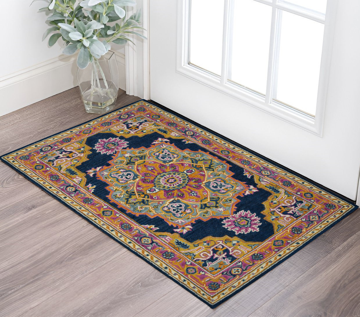 2 X 3 Blue Purple And Brown Wool Medallion Hand Tufted Area Rug