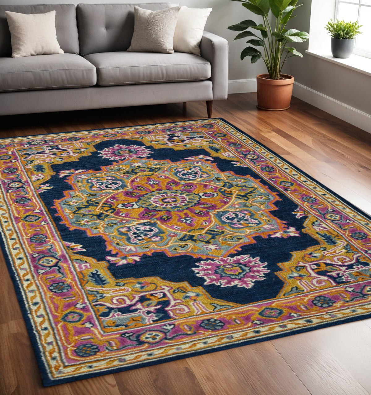 5 X 8 Blue Purple And Brown Wool Medallion Hand Tufted Area Rug
