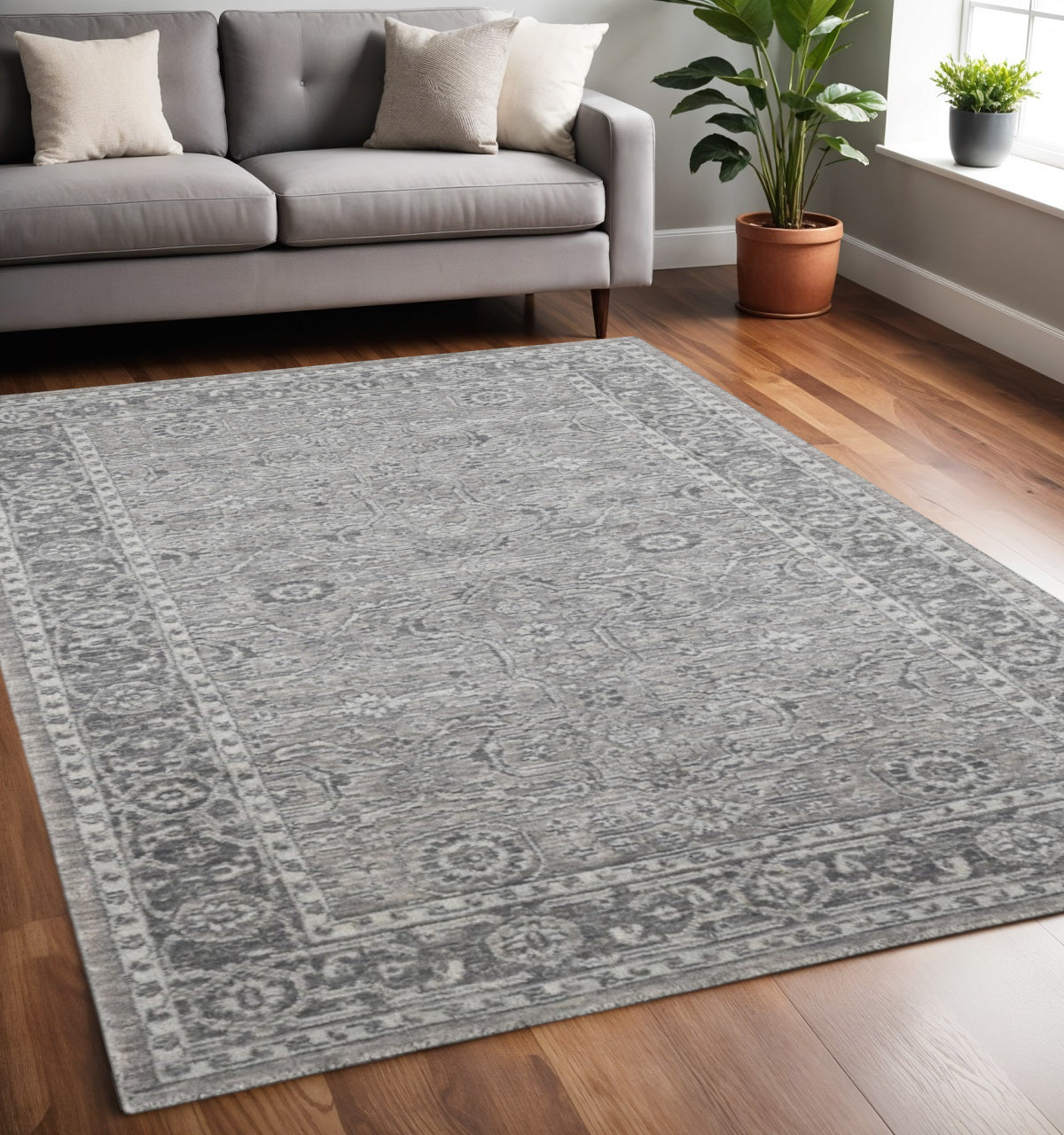 5 X 8 Gray And Dark Gray Wool Medallion Hand Woven Area Rug