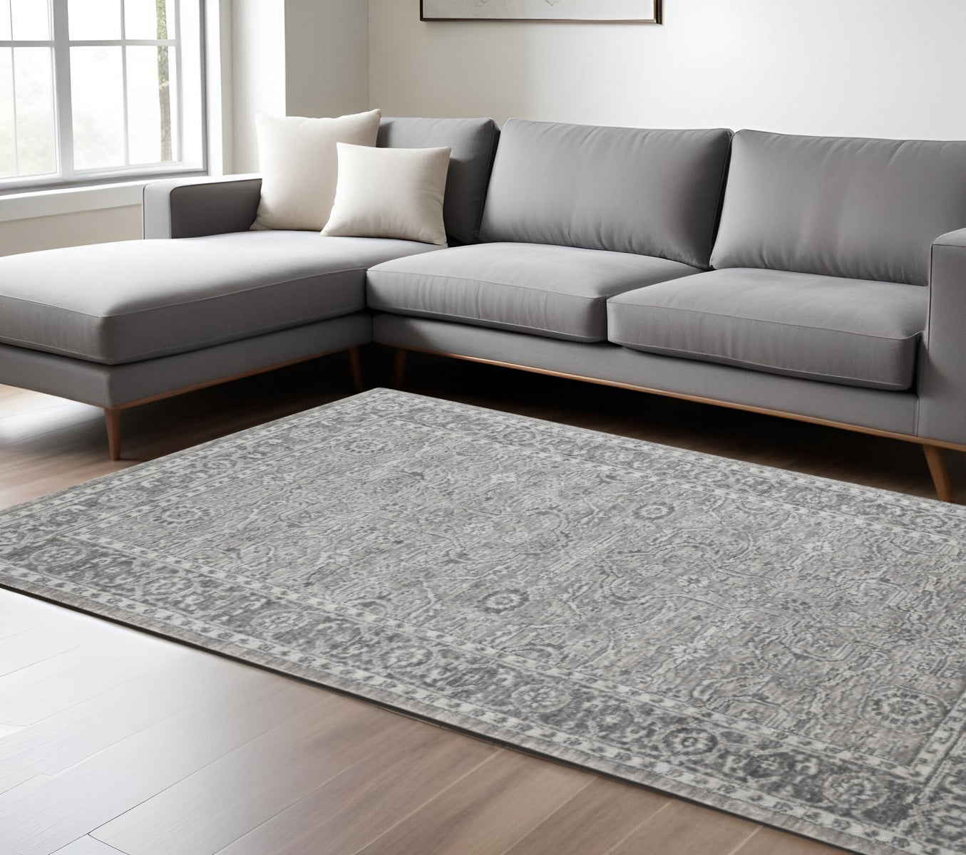 8 X 10 Gray And Dark Gray Wool Medallion Hand Woven Area Rug