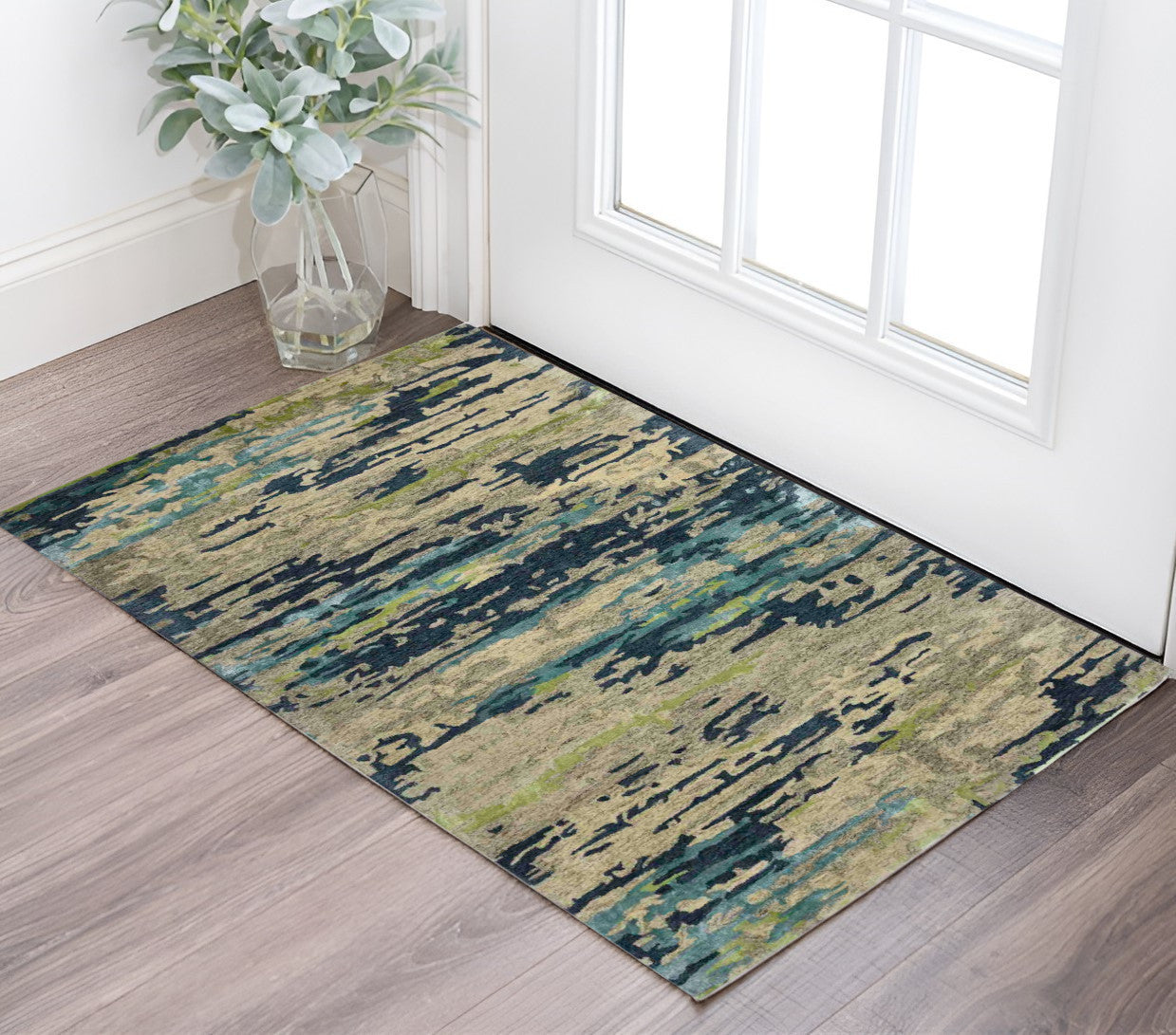 2 X 3 Sand And Green Wool Abstract Hand Tufted Area Rug