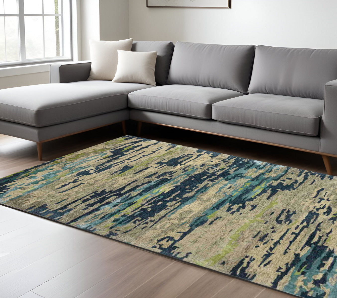 9 X 13 Sand And Green Wool Abstract Hand Tufted Area Rug