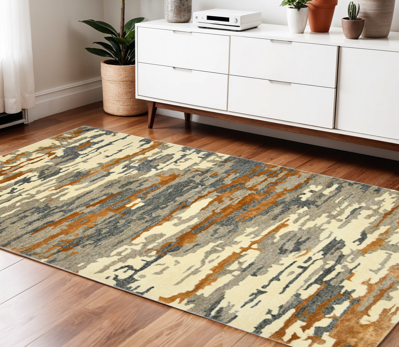 4 X 6 Orange Ivory And Green Wool Abstract Hand Tufted Area Rug