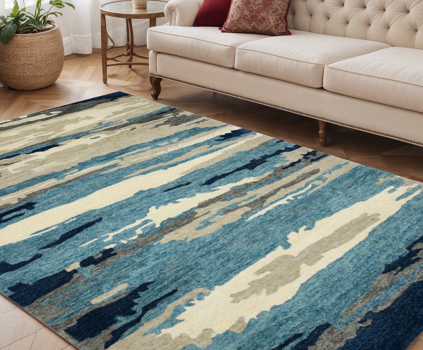 5 X 8 Blue Gray And Ivory Wool Abstract Hand Tufted Area Rug
