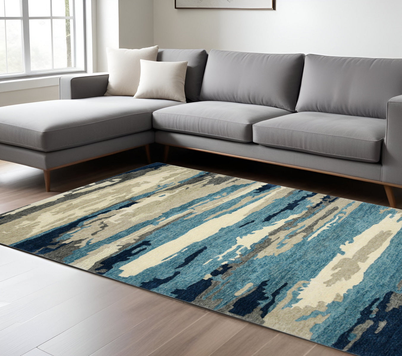 9 X 13 Blue Gray And Ivory Wool Abstract Hand Tufted Area Rug