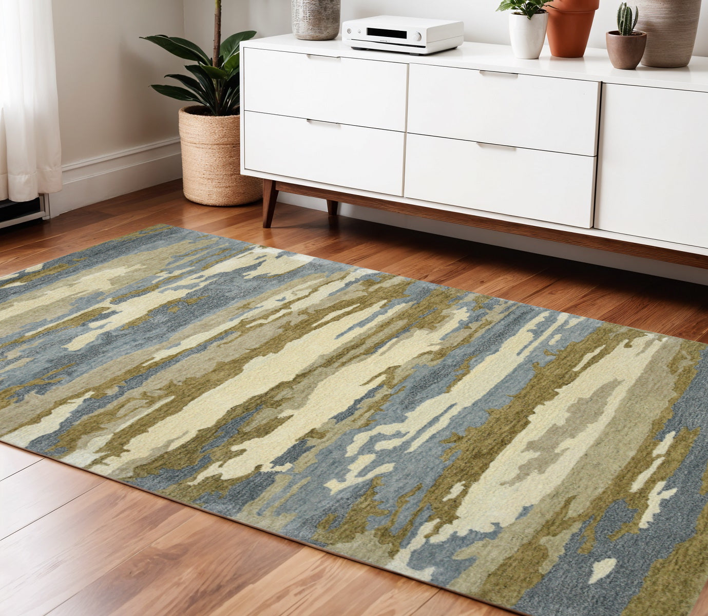 4 X 6 Light Blue Ivory And Brown Wool Abstract Hand Tufted Area Rug