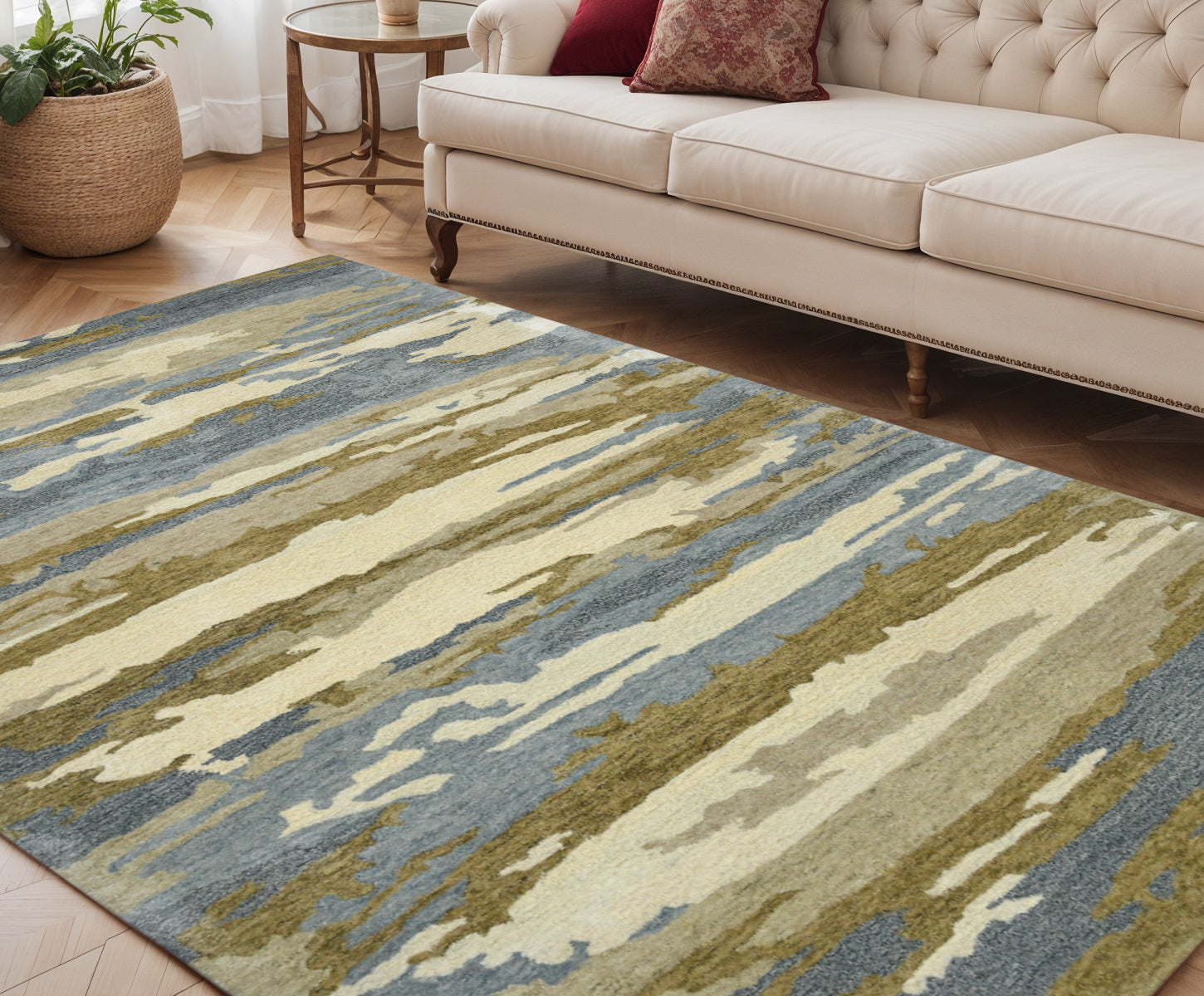 5 X 8 Light Blue Ivory And Brown Wool Abstract Hand Tufted Area Rug