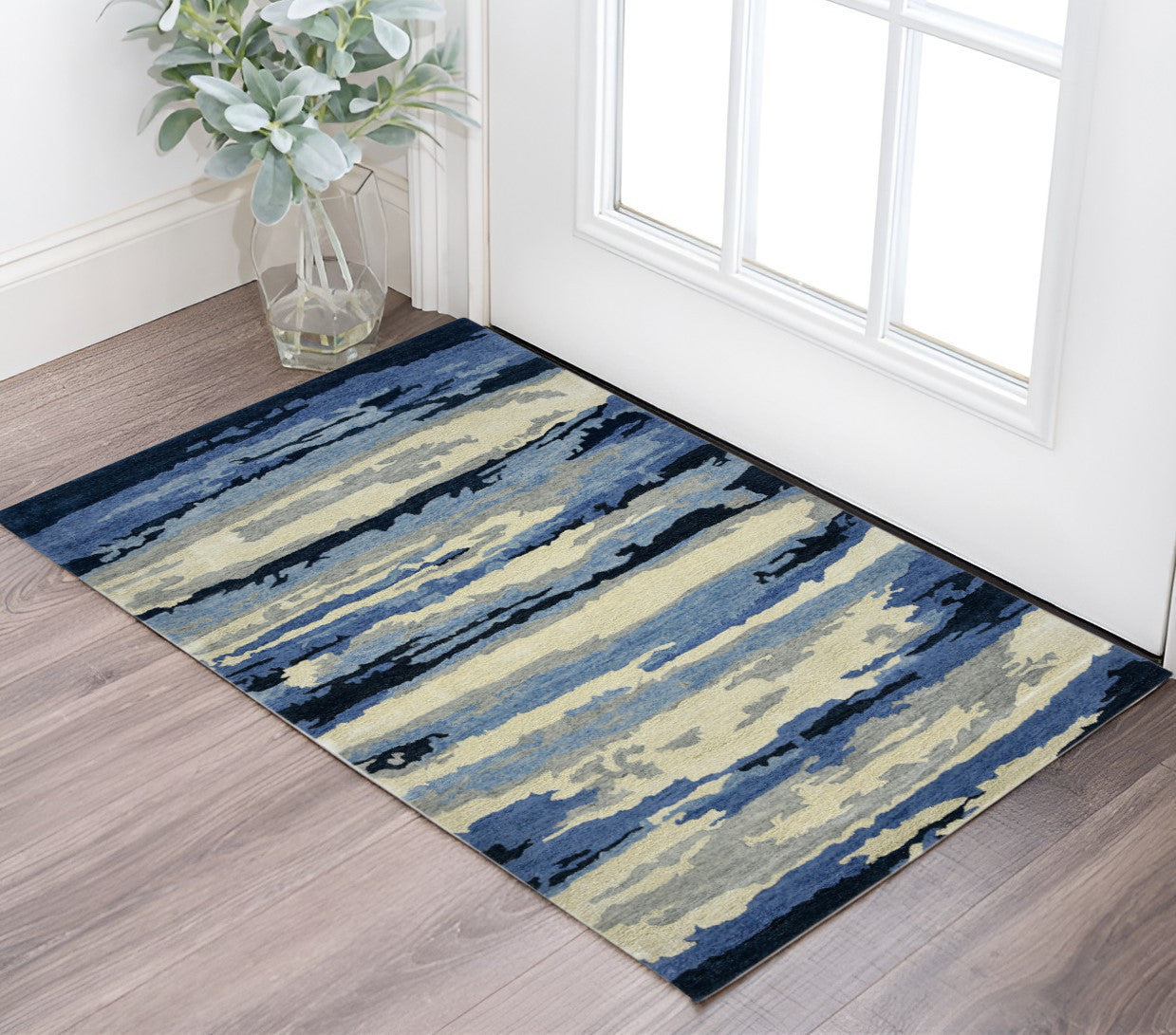 2 X 3 Navy Blue Ivory And Gray Wool Abstract Hand Tufted Area Rug