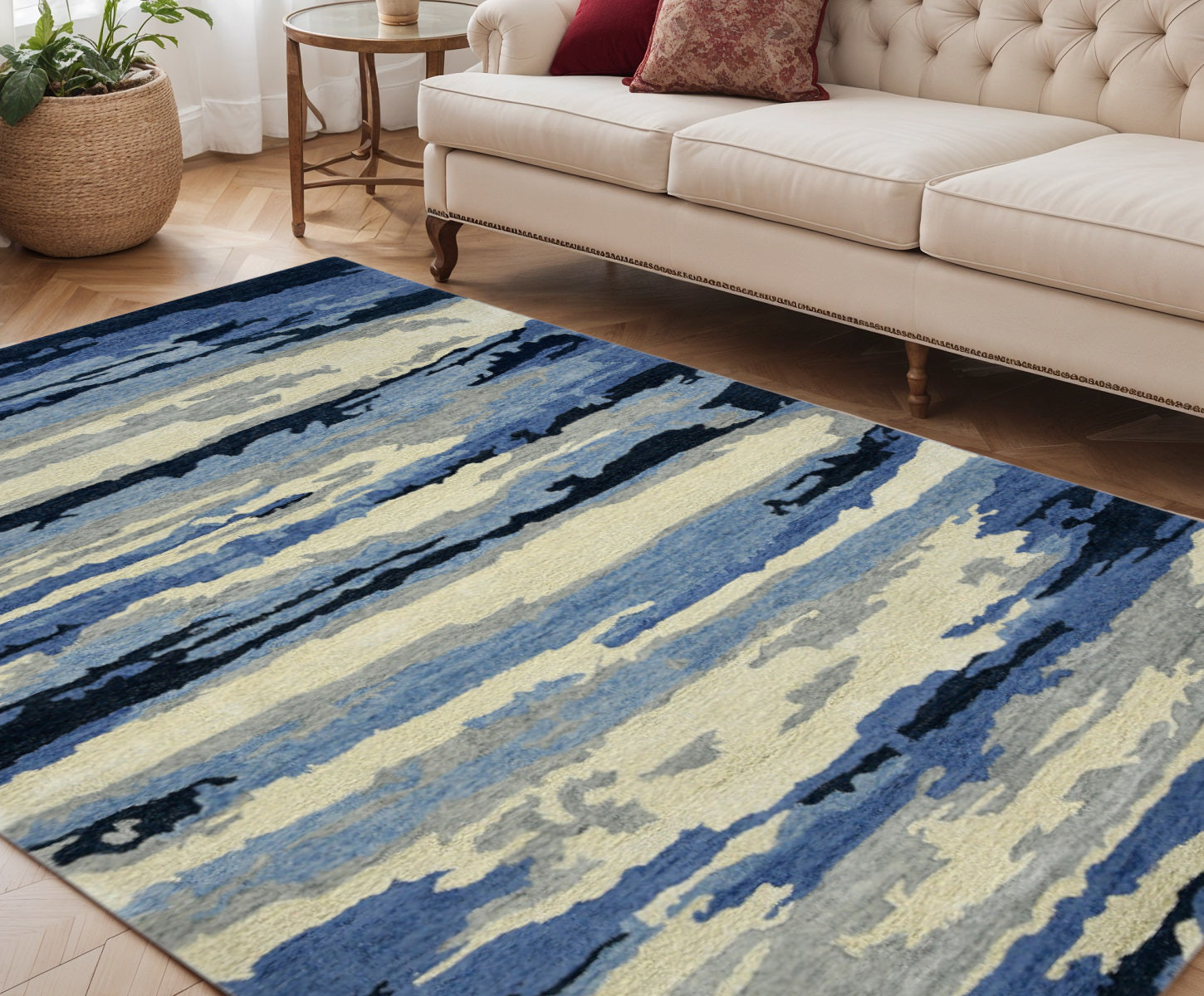 5 X 8 Navy Blue Ivory And Gray Wool Abstract Hand Tufted Area Rug
