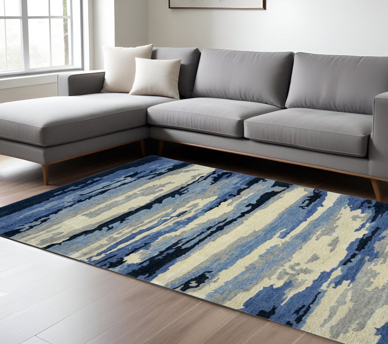 8 X 10 Navy Blue Ivory And Gray Wool Abstract Hand Tufted Area Rug