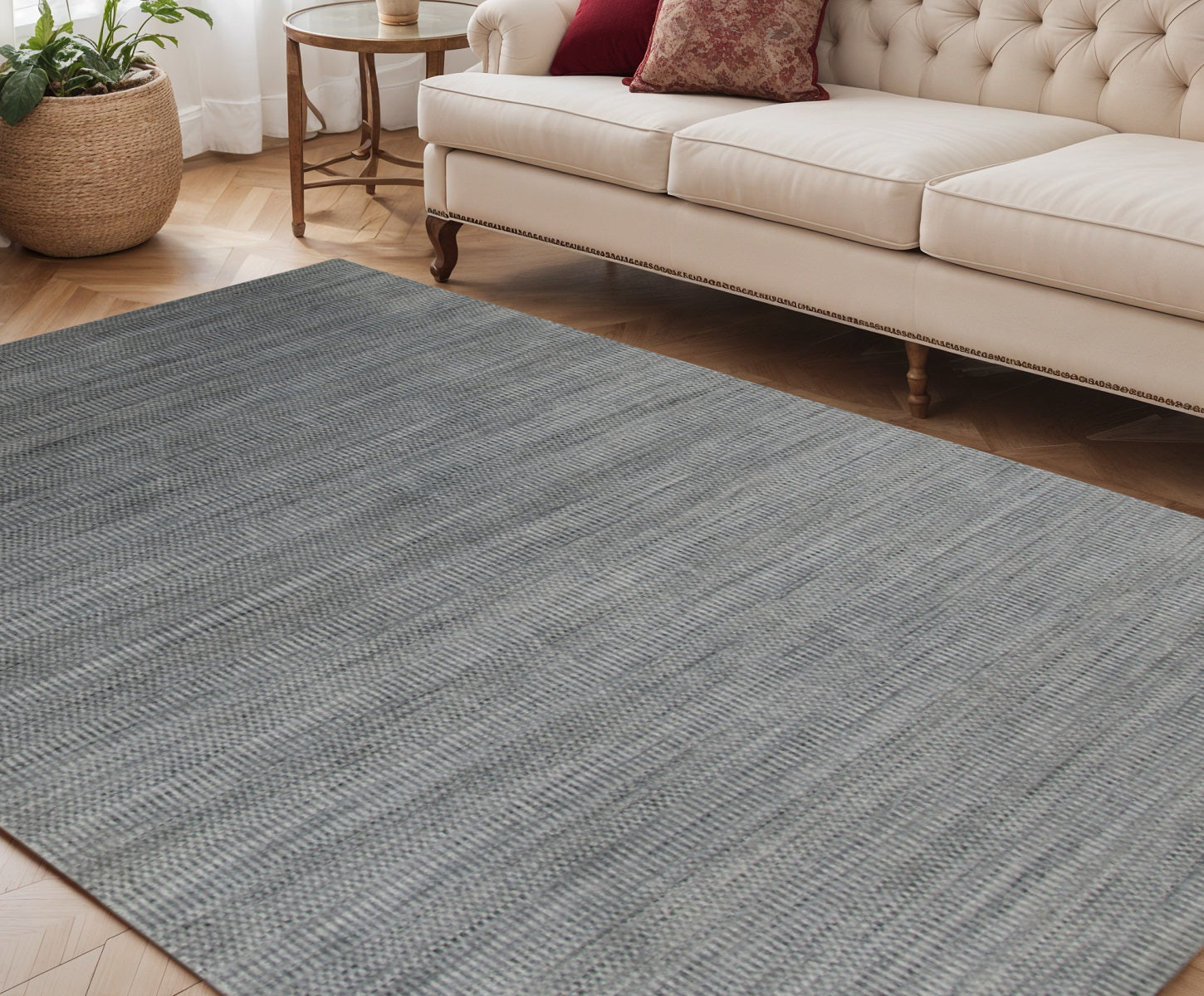 5 X 8 Silver And Blue Wool Striped Hand Woven Area Rug