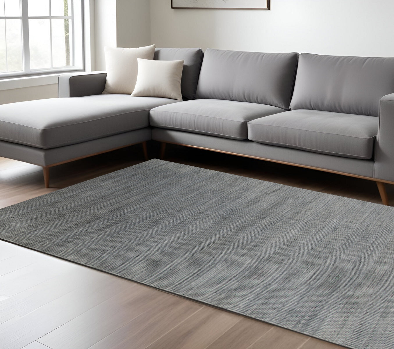 8 X 10 Silver And Blue Wool Striped Hand Woven Area Rug