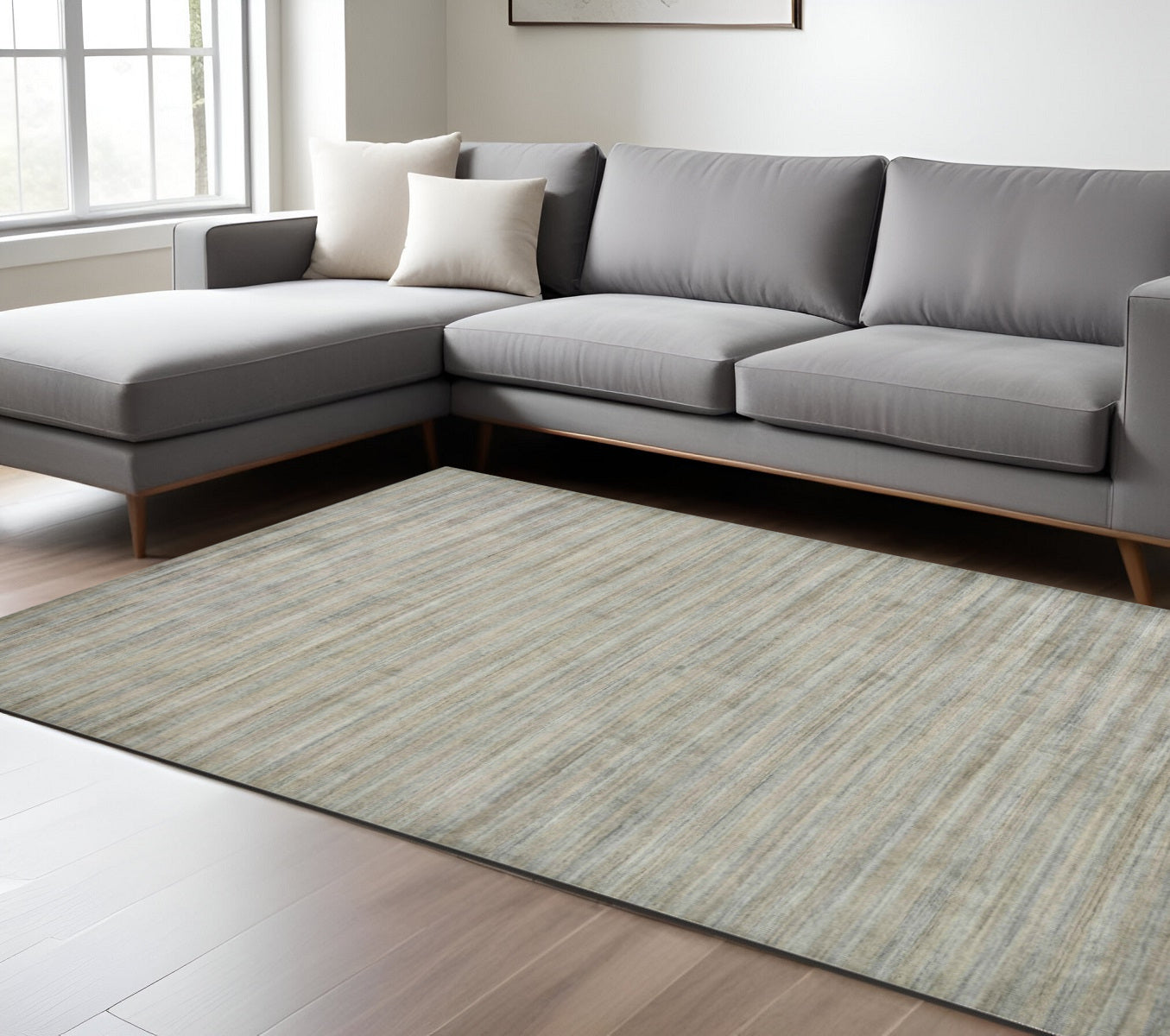 9 X 12 Silver And Gray Wool Striped Hand Woven Area Rug
