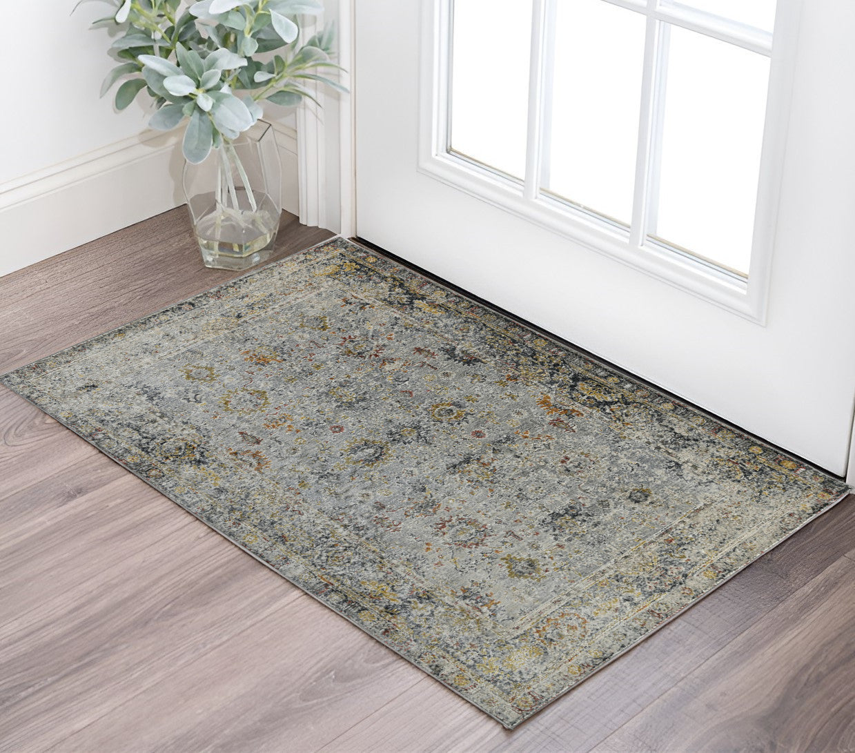 2 X 3 Gray Blue And Rust Floral Medallion Area Rug
