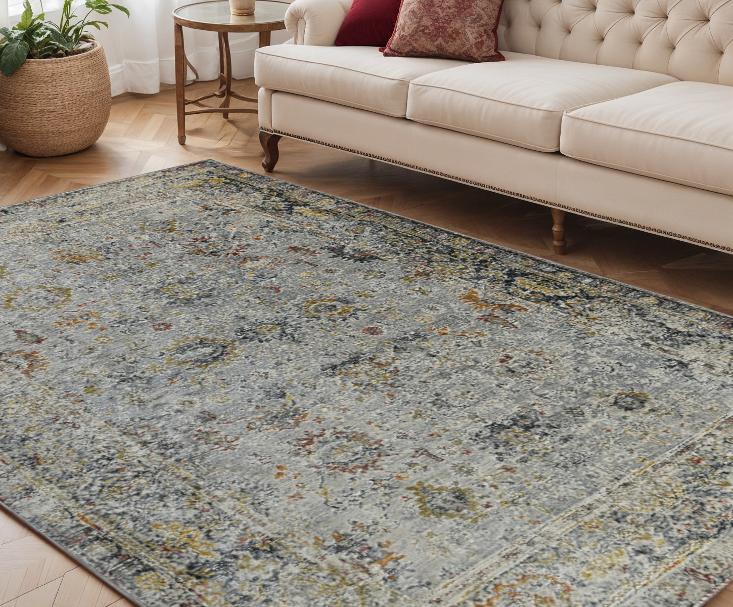 5 X 8 Gray Blue And Rust Floral Medallion Area Rug