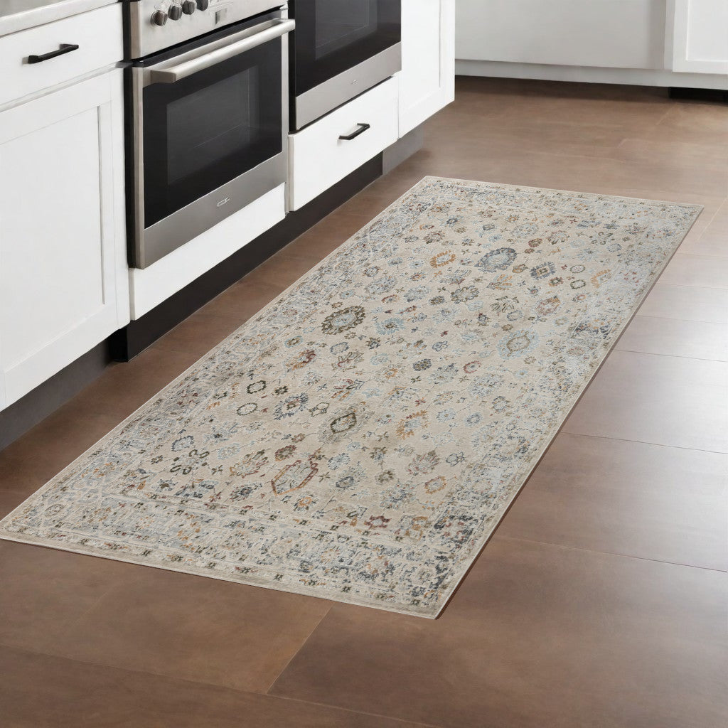 8 Ivory Blue And Gray Floral Medallion Runner Rug