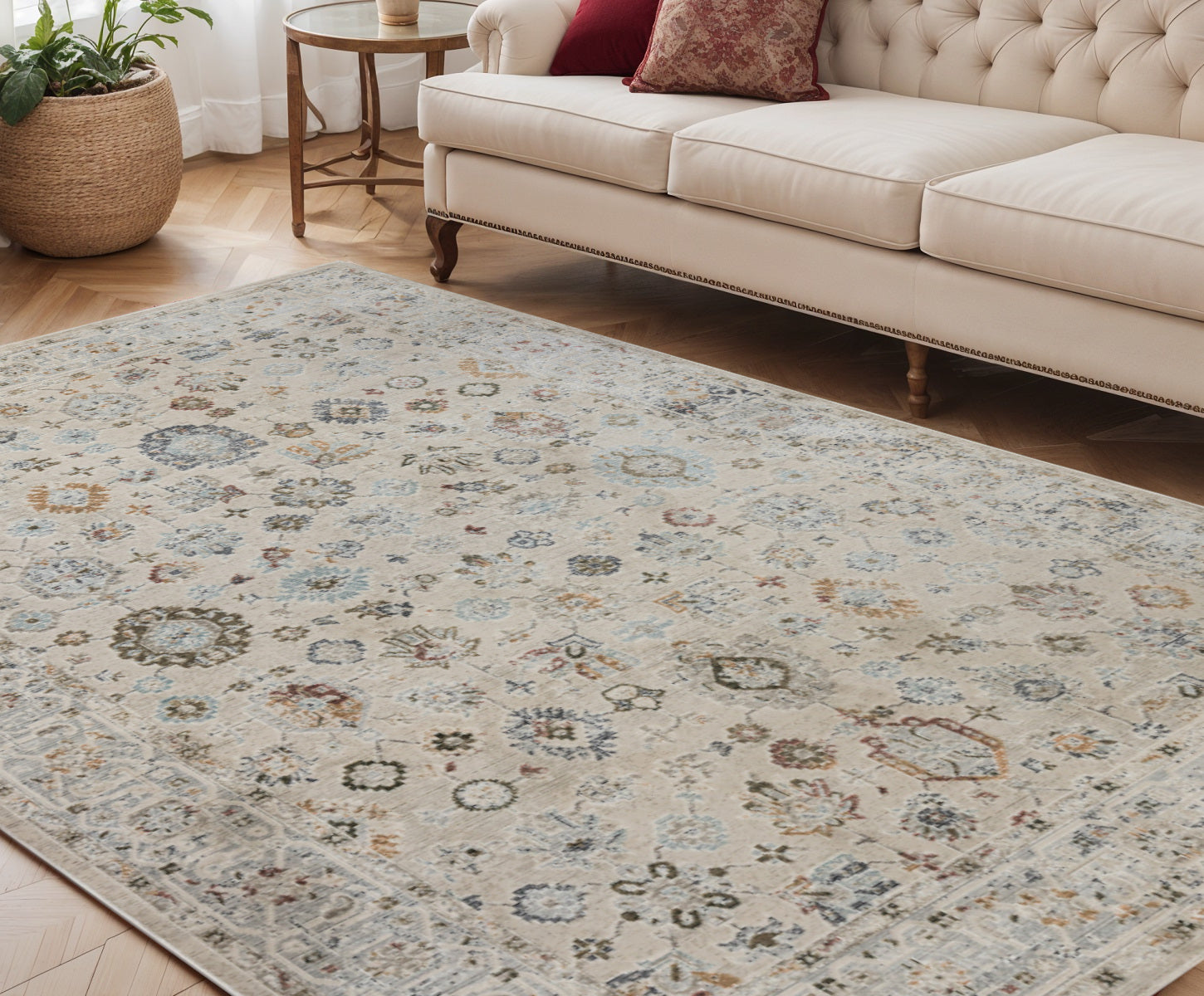 5 X 8 Ivory Blue And Gray Floral Medallion Area Rug