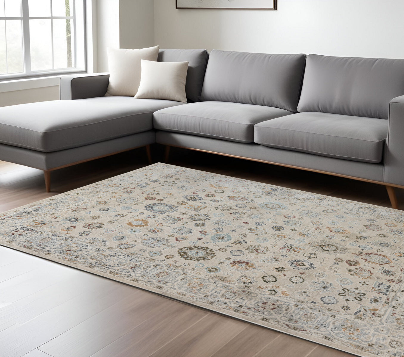 10 X 14 Ivory Blue And Gray Floral Medallion Area Rug
