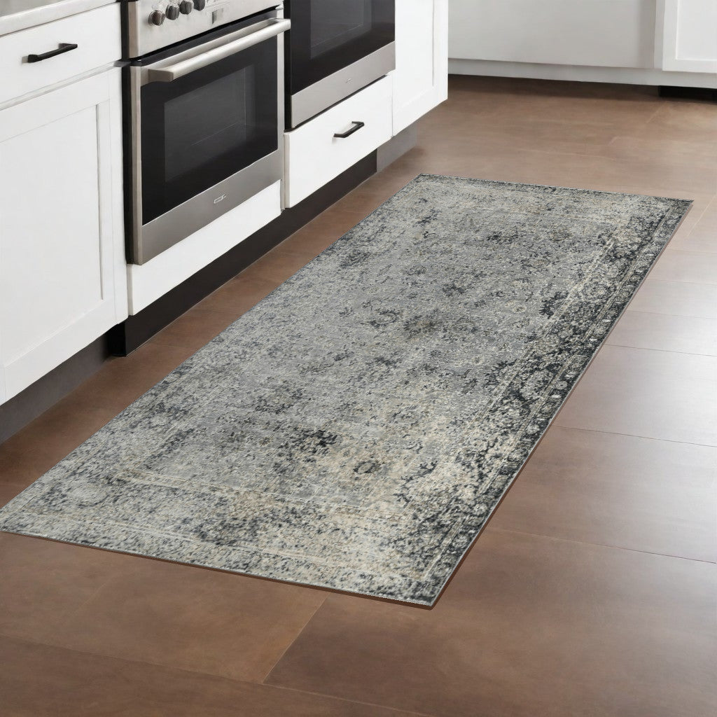 8 Gray And Black Floral Medallion Runner Rug