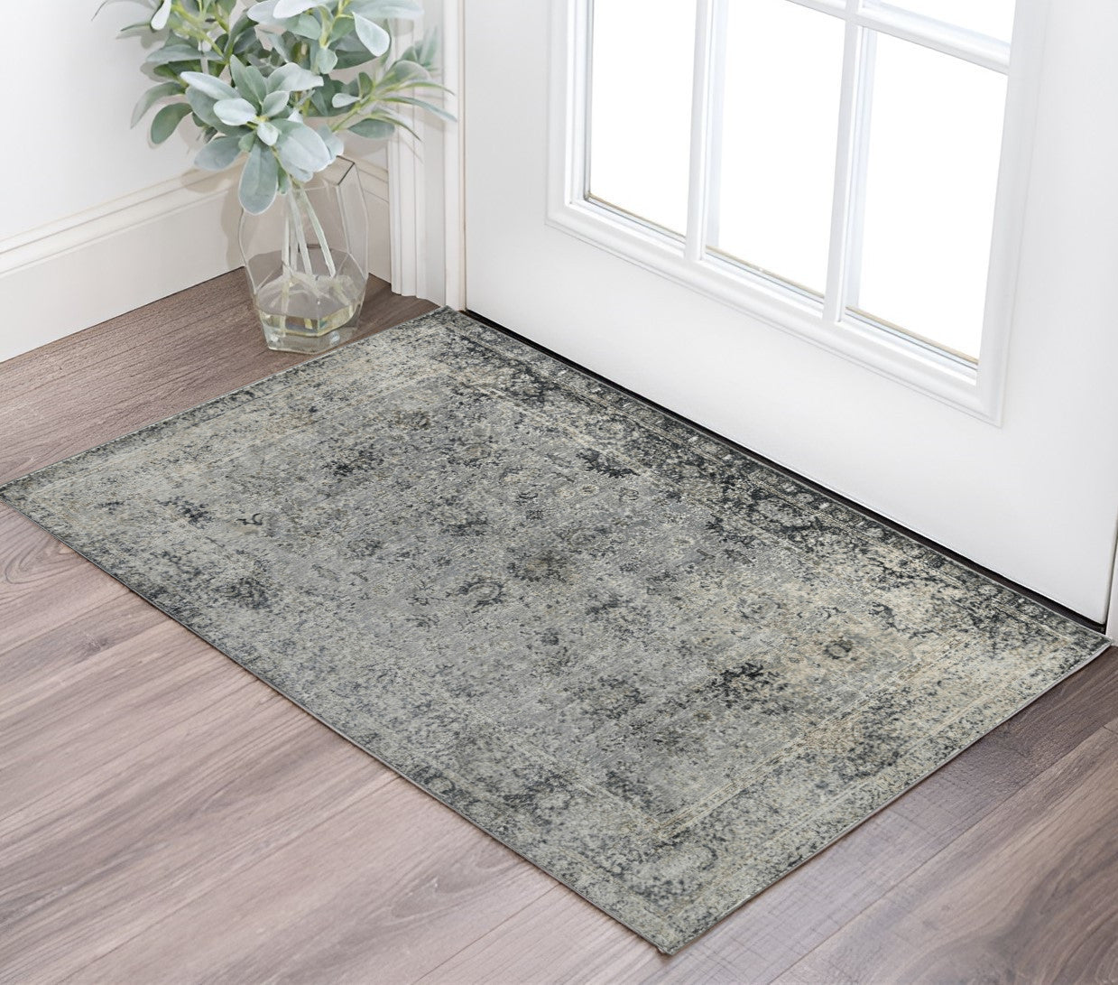 3 X 5 Gray And Black Floral Medallion Area Rug