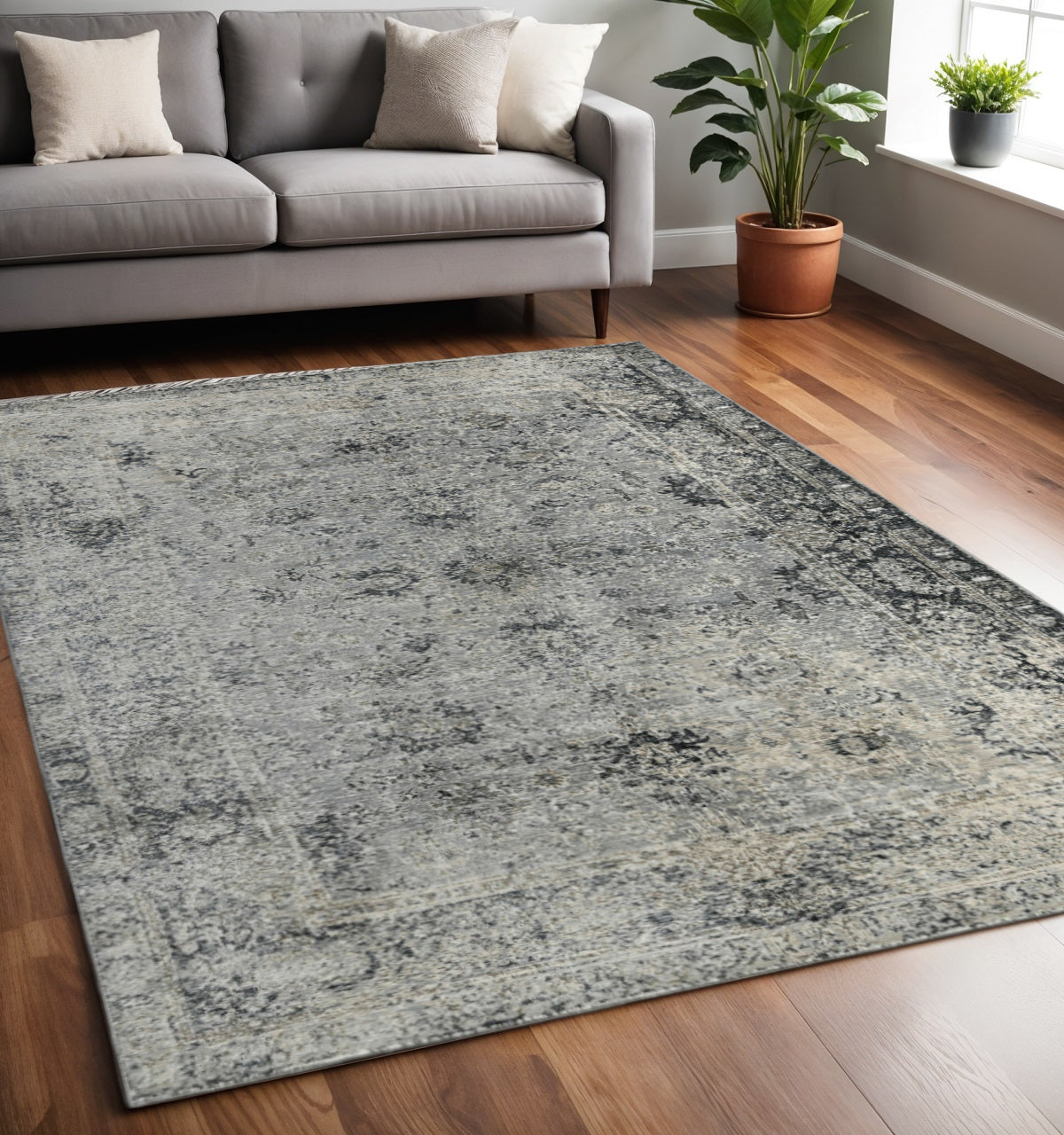 5 X 8 Gray And Black Floral Medallion Area Rug