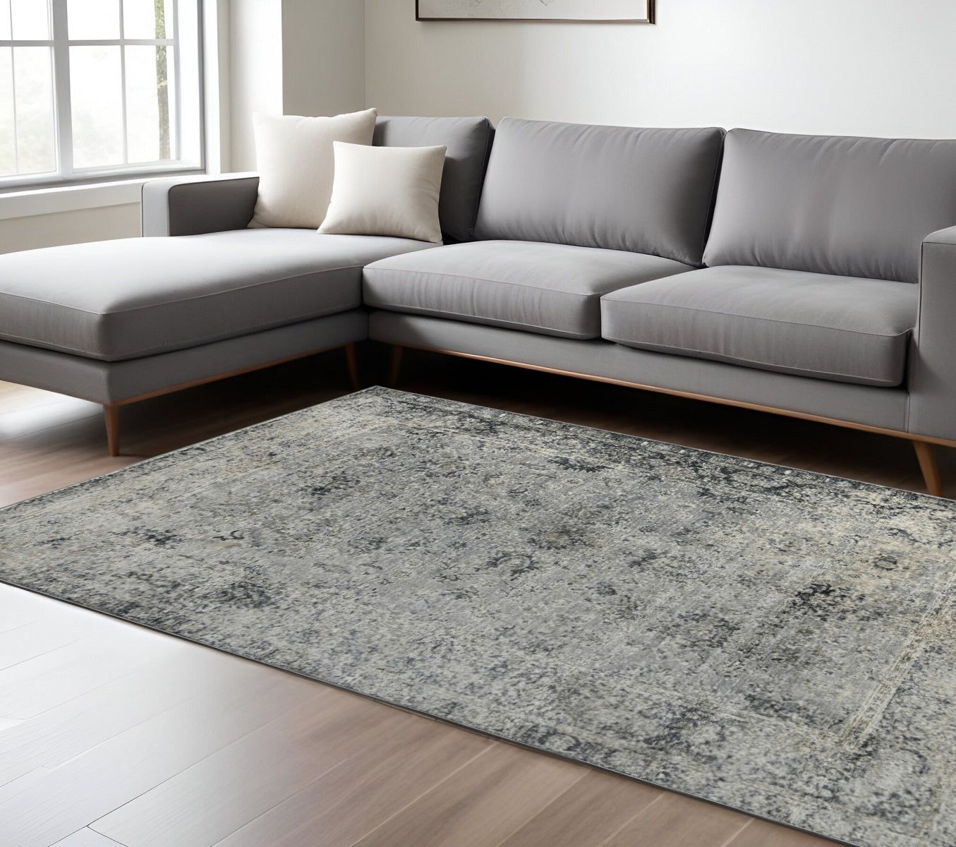 8 X 11 Gray And Black Floral Medallion Area Rug