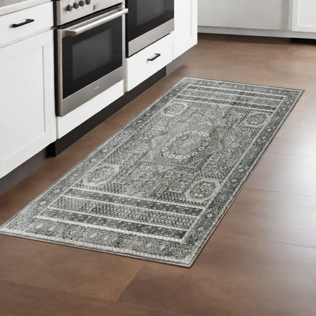 8 Charcoal And Gray Medallion Runner Rug