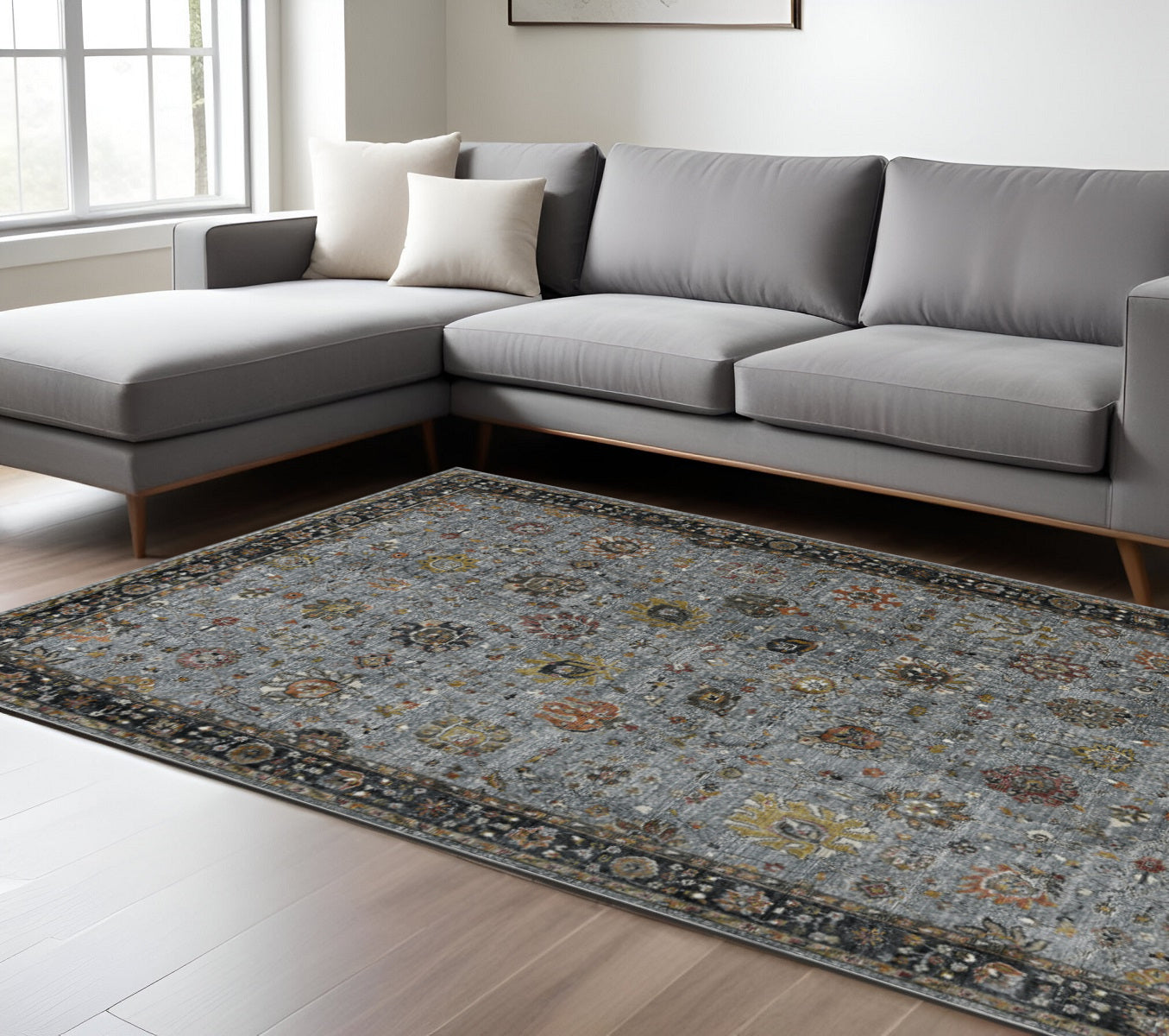 10 X 14 Black Gray And Brown Floral Medallion Area Rug