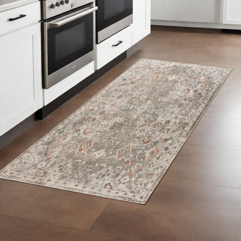 8 Gray Ivory And Brown Medallion Runner Rug