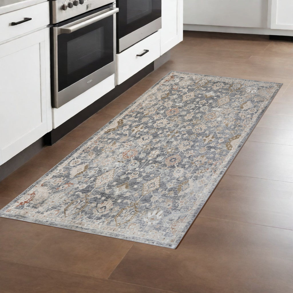 8 Dark Gray Ivory And Brown Medallion Runner Rug