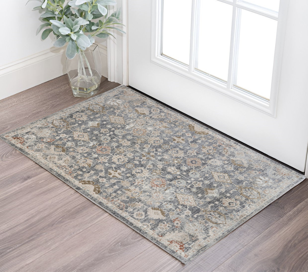 2 X 3 Dark Gray Ivory And Brown Medallion Area Rug