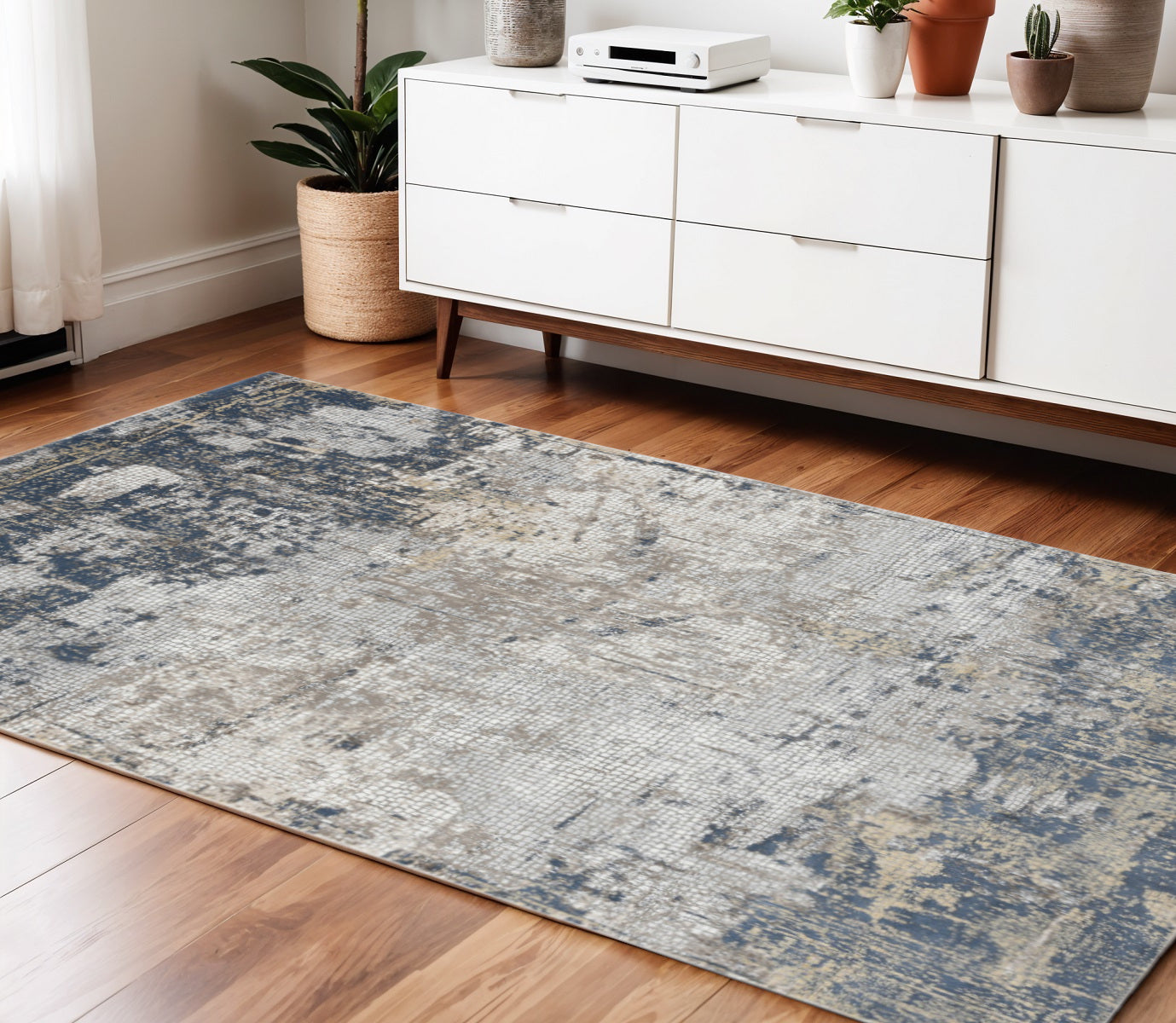 4 X 6 Beige Dark Blue And Gray Abstract Area Rug