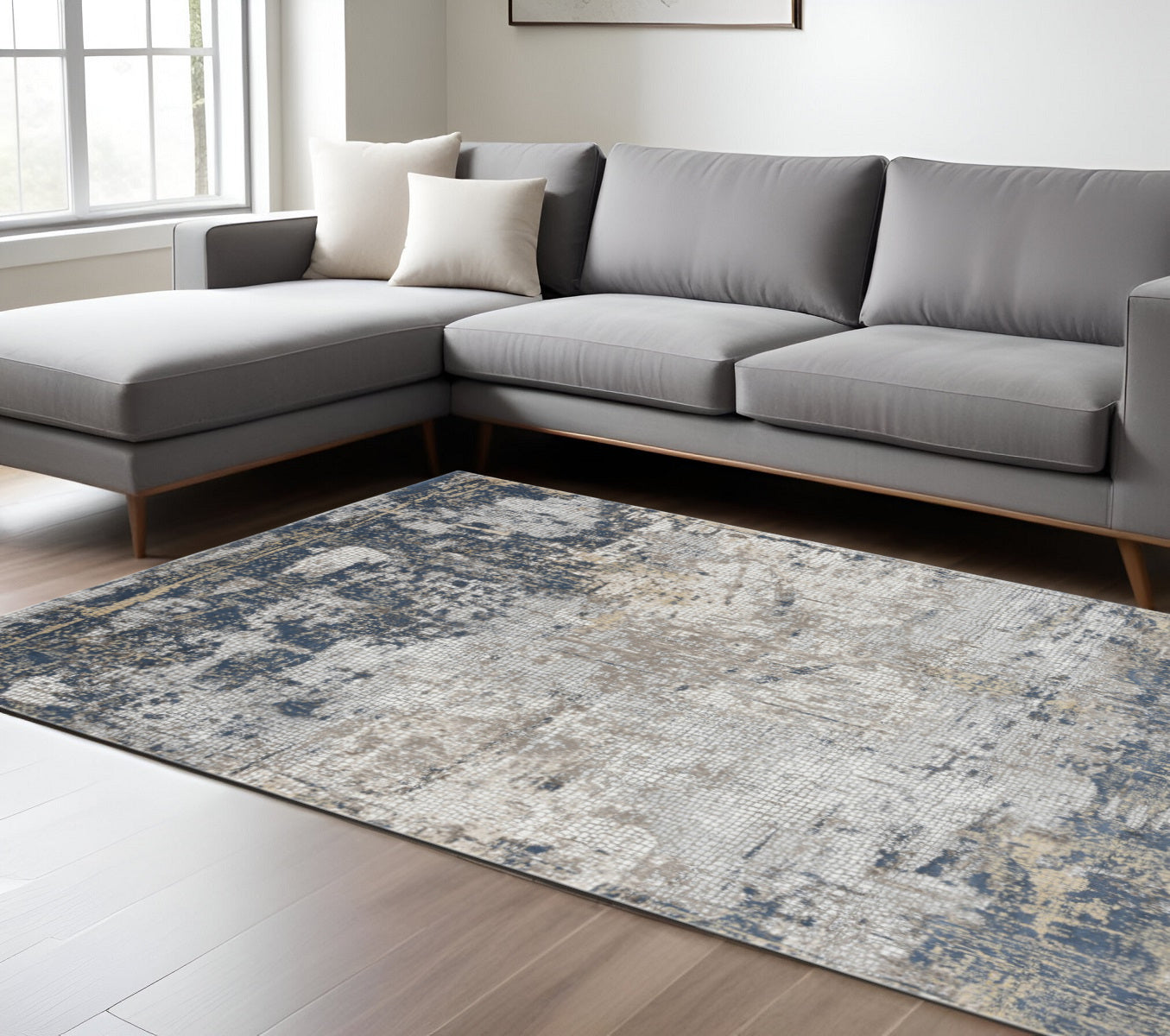 8 X 10 Beige Dark Blue And Gray Abstract Area Rug