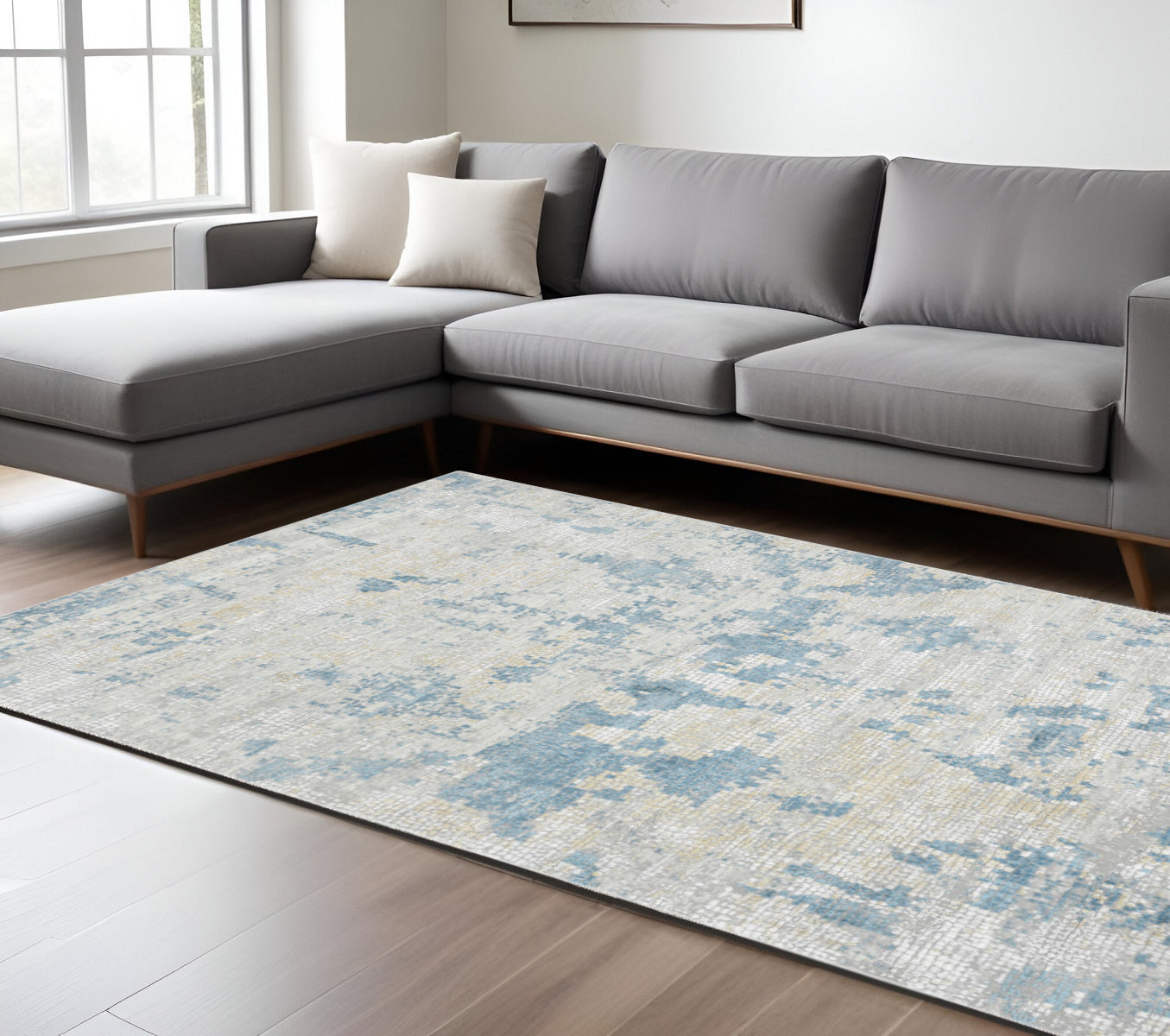 8 X 10 Ivory And Sky Blue Abstract Area Rug