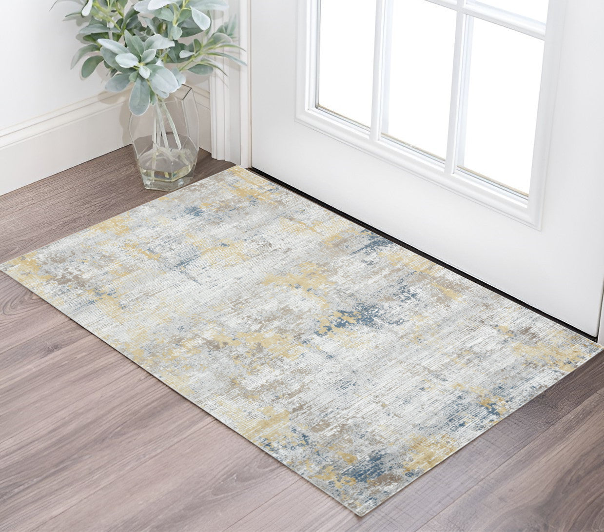 2 X 3 Gold Ivory And Blue Abstract Area Rug