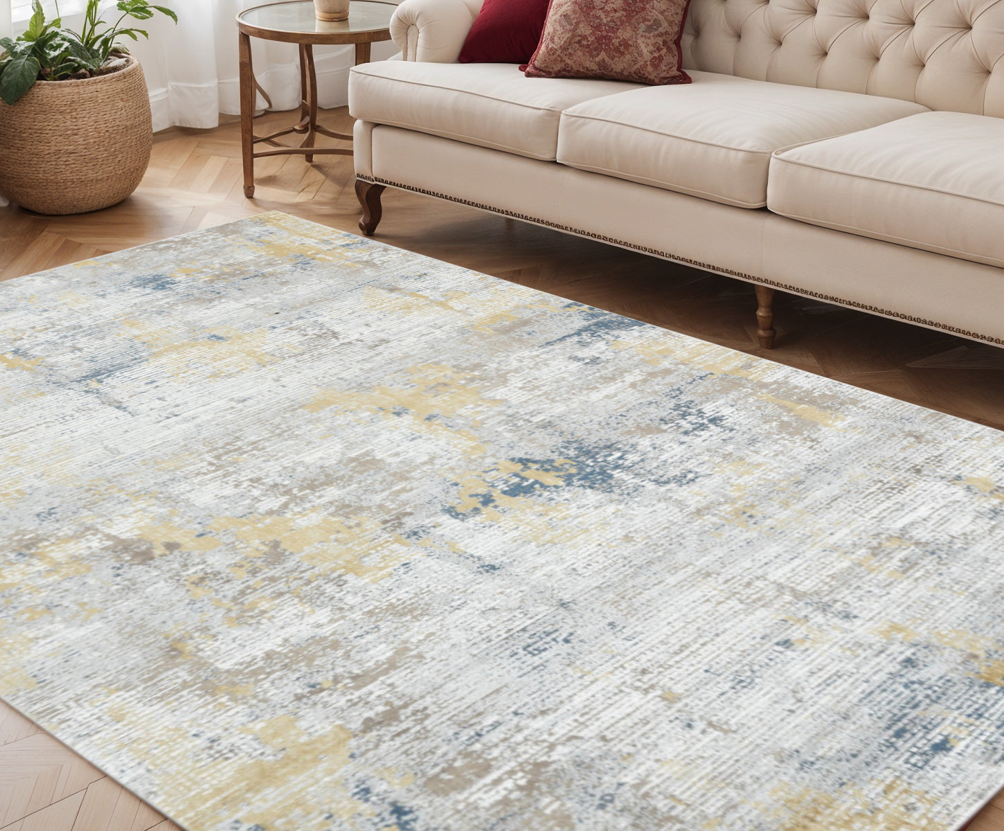 5 X 8 Gold Ivory And Blue Abstract Area Rug