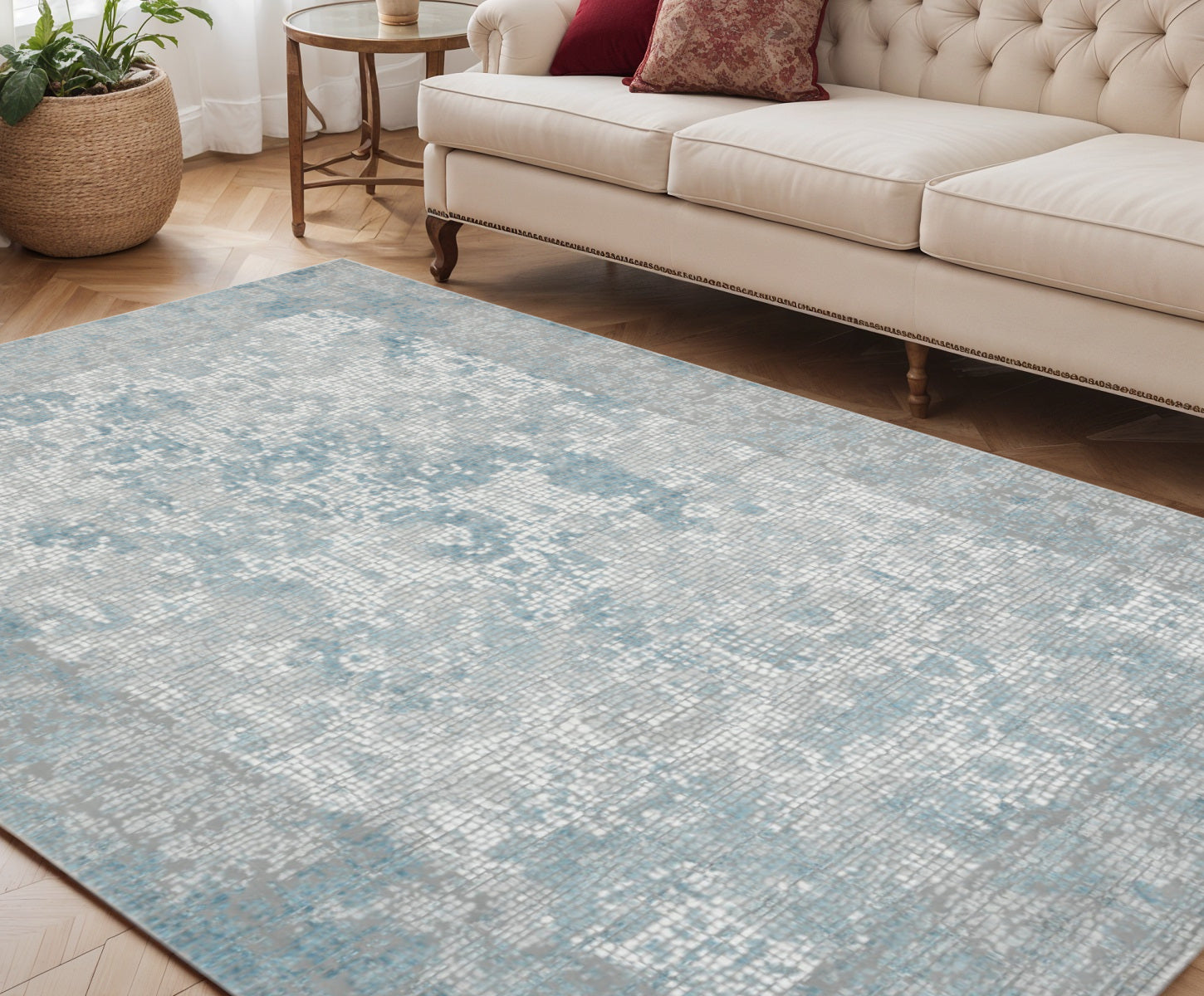 5 X 8 Gray Blue And Ivory Medallion Area Rug