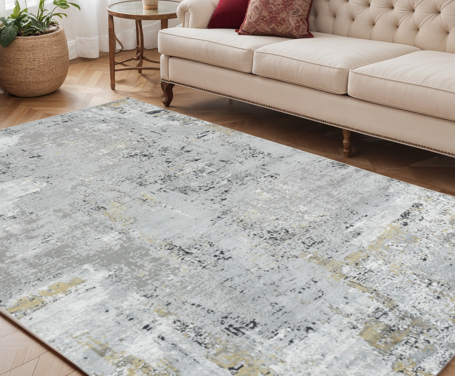 5 X 8 Gray Black And Ivory Abstract Area Rug