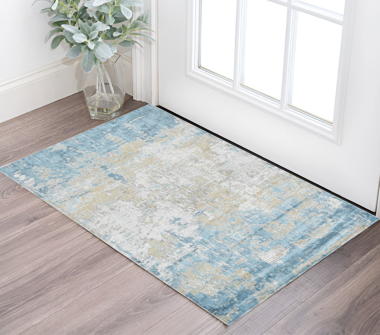 2 X 3 Gold Sky Blue And Ivory Abstract Area Rug