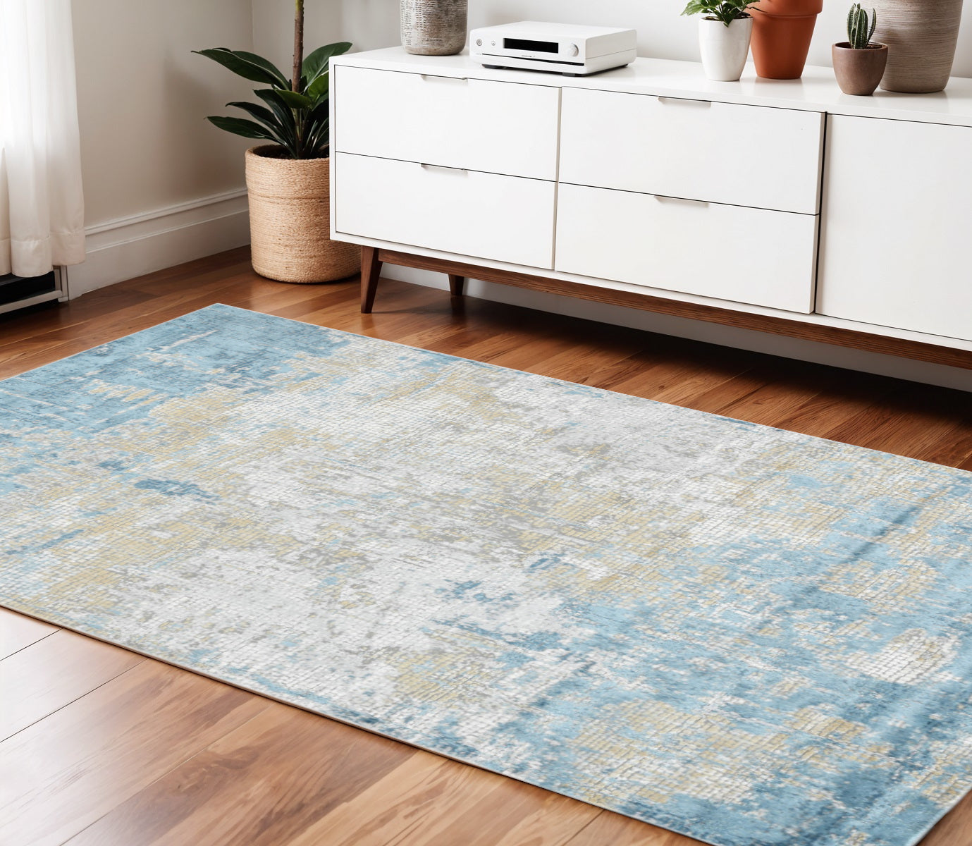 4 X 6 Gold Sky Blue And Ivory Abstract Area Rug