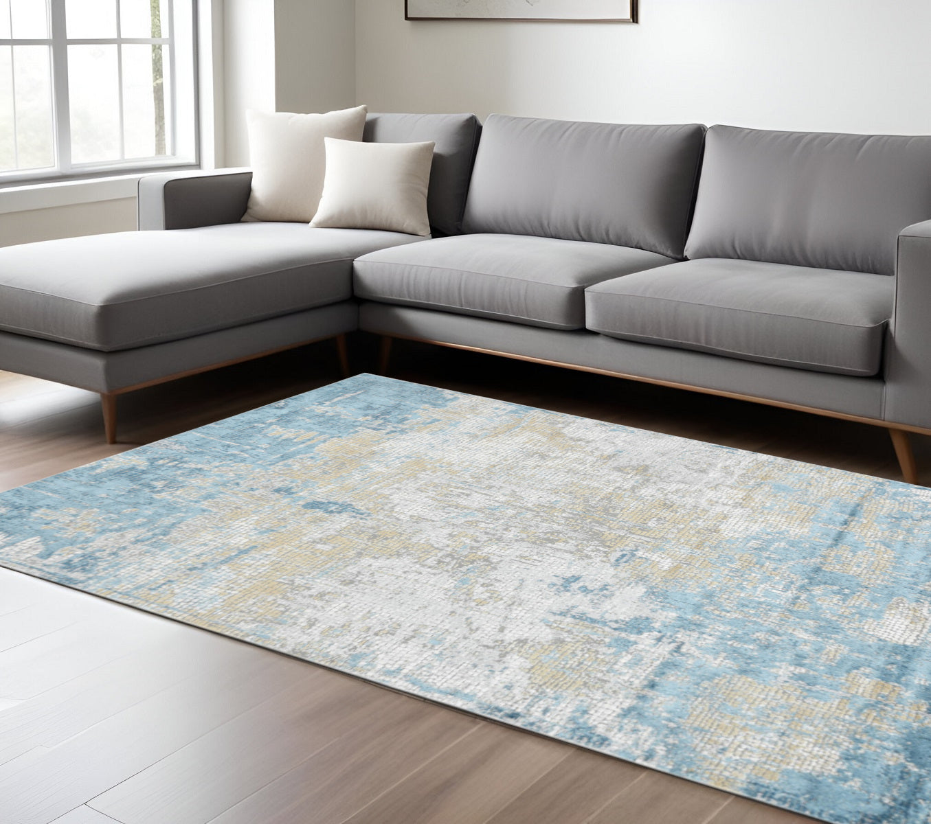 10 X 14 Gold Sky Blue And Ivory Abstract Area Rug