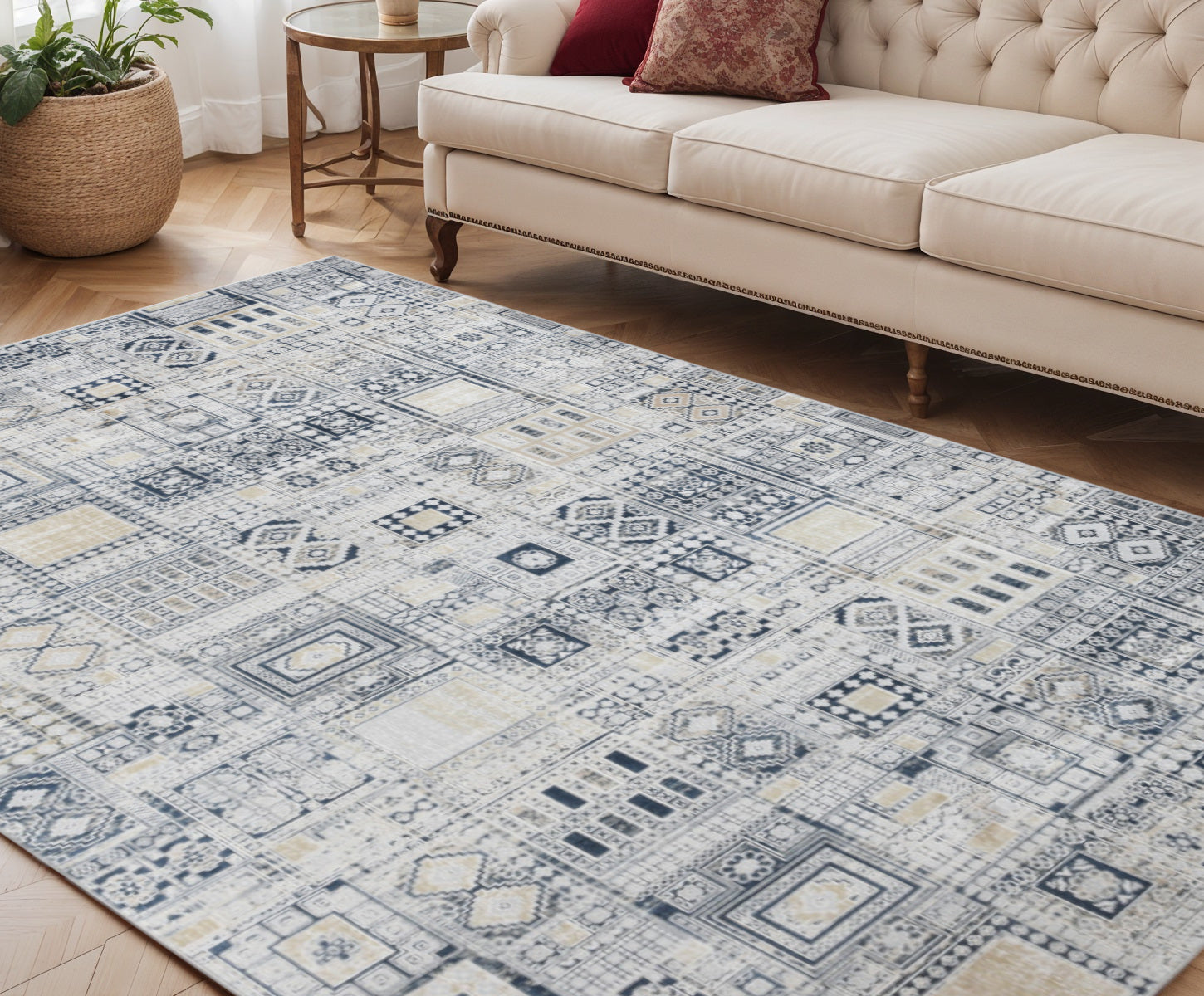 5 X 8 Ivory Black And Gold Ikat Area Rug