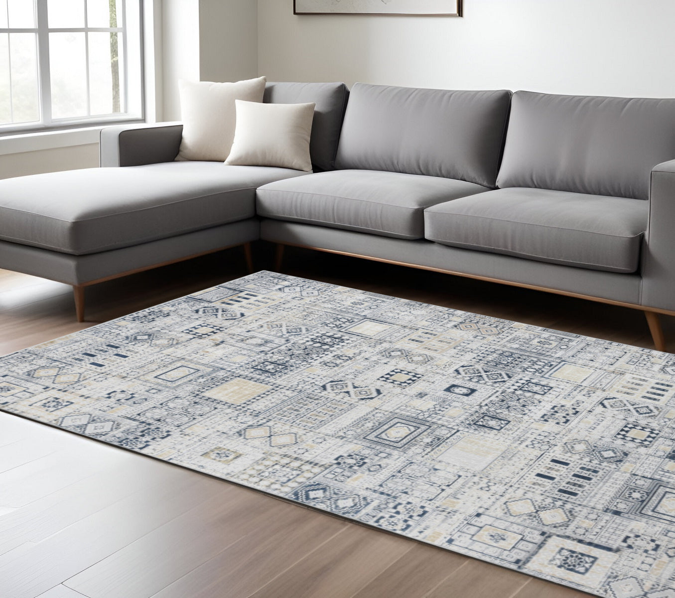 9 X 12 Ivory Black And Gold Ikat Area Rug