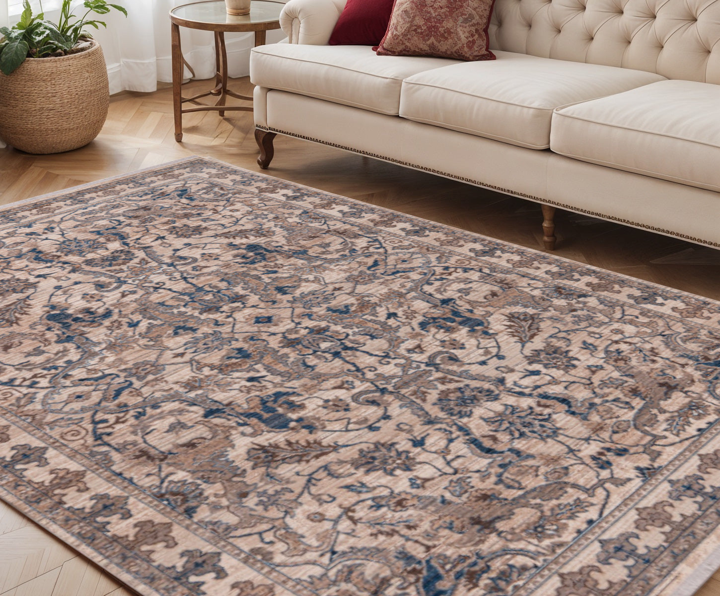 5 X 8 Tan And Blue Oriental Area Rug With Fringe