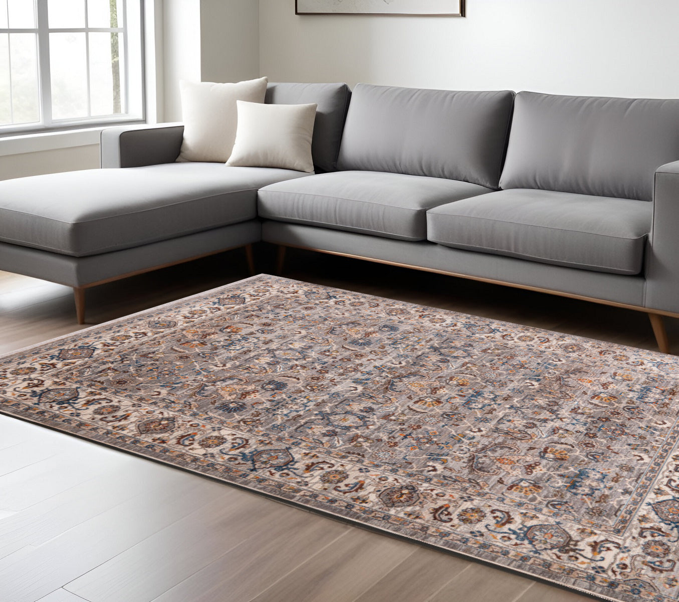 9 X 13 Gray Tan And Beige Oriental Area Rug With Fringe