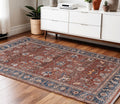 4 X 5 Red Beige And Blue Oriental Area Rug With Fringe